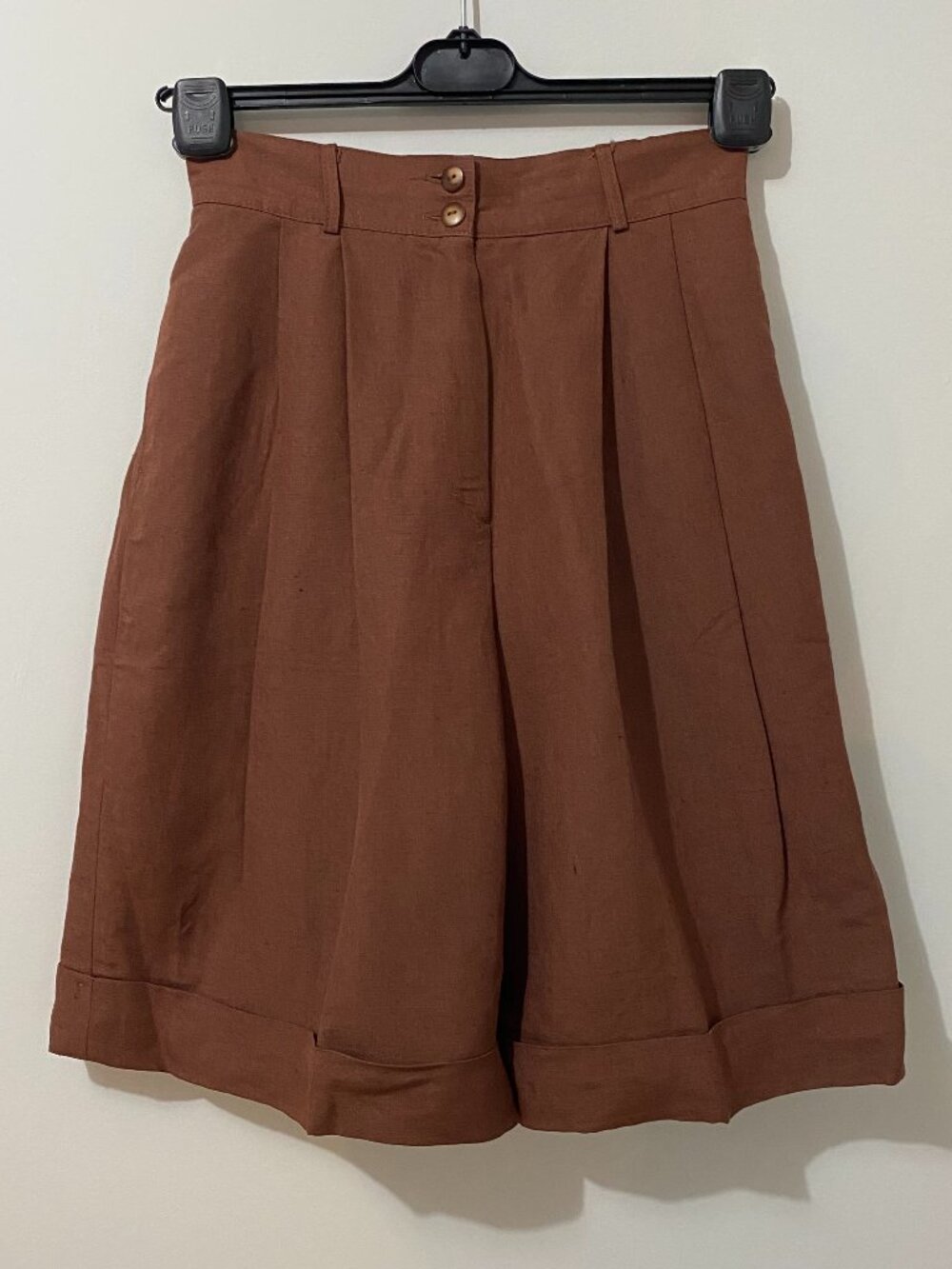 Vintage 80s Linen Blend Brown Pleated High Waisted Wide-Leg Shorts Preppy Suit